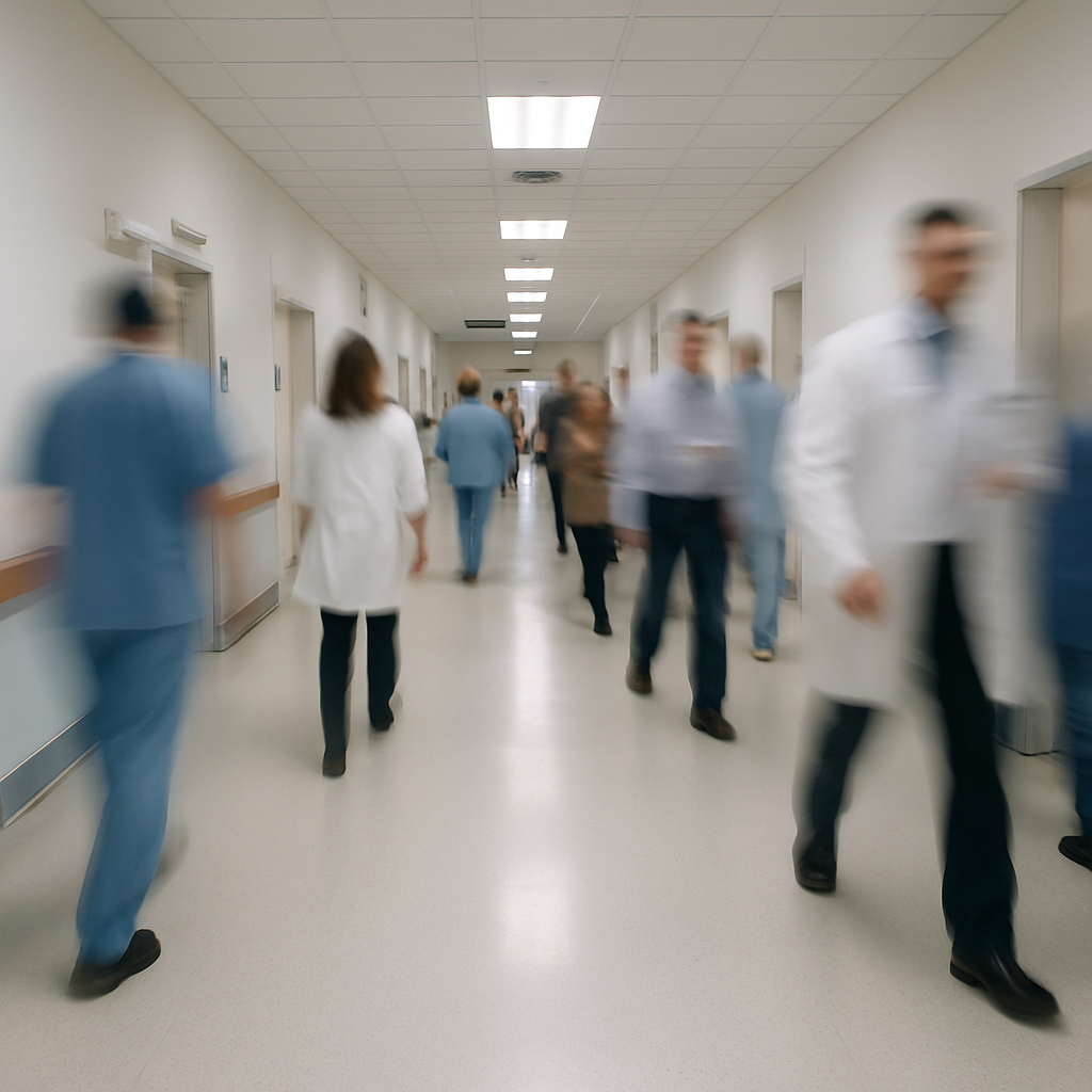 a hopsital corridor with lots of people moving slightly blurred
